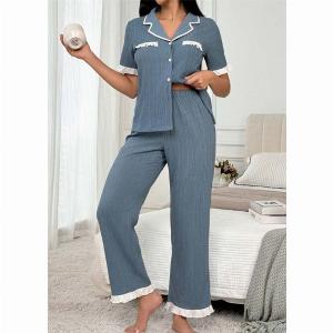 Dusty Blue Turn Down Collar Lounge Top and Pants