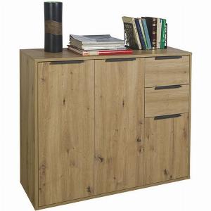 Mobile Multiuso Armadietto 3 Ante 2 Cassetti Credenza Ripiani Salvaspazio in Legno FSC Madia Rovere per Soggiorno o Ingresso  106x35x88 cm