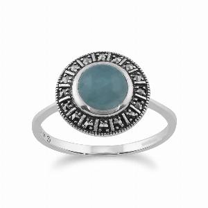 Save 2 on a Silver Halo Ring with Marcasite and Milky Aquamarine Cabochon
