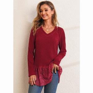 ROTITA Solid Lace Patchwork V Neck Long Sleeve T Shirt