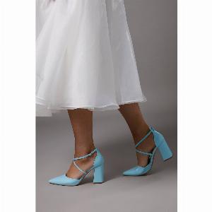 Treat Faux Leather Cross Strap Pointed Block Heel Court Shoes  Blue