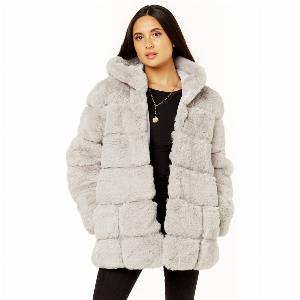 Silver Horizontal Cut Fur Hooded Jacket