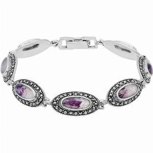 Sterling Silver Blue John Marcasite Slim Oval Link Bracelet