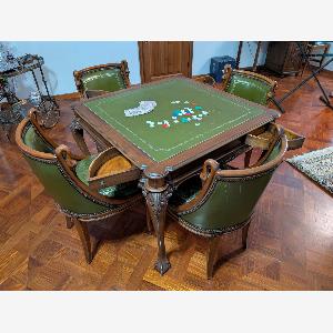 Ensemble table de jeu et 4 chaises vintage en cuir et bois