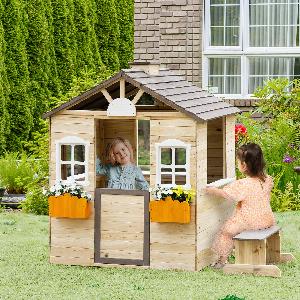 Outsunny Maison de Jeu en Bois pour Enfants avec Fenêtre Boîte aux Lettres Maison de Jardin Extérieure avec Support de Pot de Fleurs Maison de Jeu en Bois pour 37 Ans Bois de Pin Naturel 113 x 94 x 1345 cm