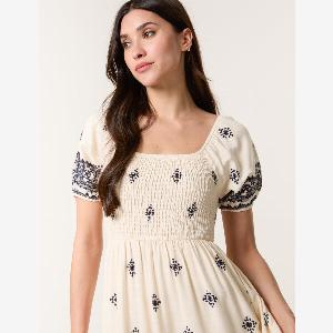 Shirred Square Neck Border Print Puff Sleeve Midi Dress  LXL  CREAM