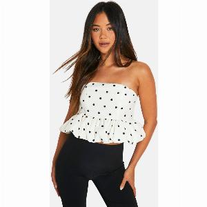Womens Polka Dot Peplum Bandeau  Cream  6