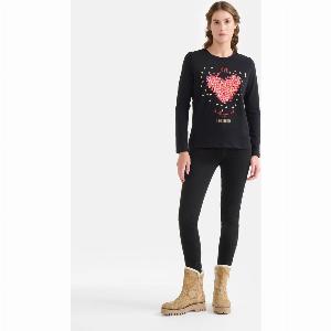 Tshirt in jersey di cotone stretch con cuore Nera