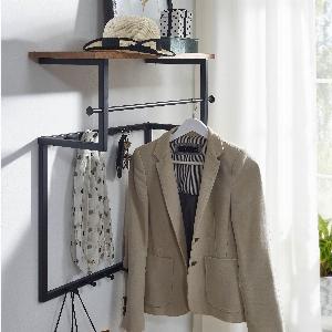 FineBuy Wandgarderobe Mango Massivholz 60 cm mit Ablage  Industrial Garderobenpaneel mit Hutablage  Wand Garderobenleiste Hakenleiste  5 Metall Kleiderhaken  Kleiderstange
