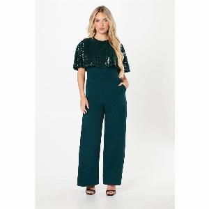 Petite Party Sequin Cape Jumpsuit  Green
