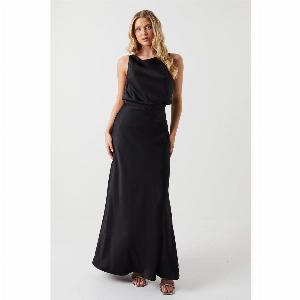 Cowl Neck Blouson Satin Bridesmaids Dress  Black