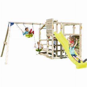 Gelber Spielturm mit Rutsche und Doppelschaukel für Crossfit
