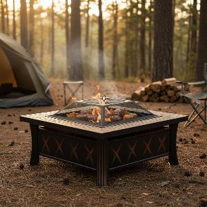 80cm VintageStyle Outdoor Fire Pit  BBQ Grill  Square Fire Bowl for Garden  Camping