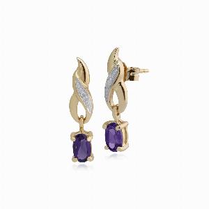 Classic Oval Amethyst  Diamond Twist Drop Earrings in 9ct Yellow Gold