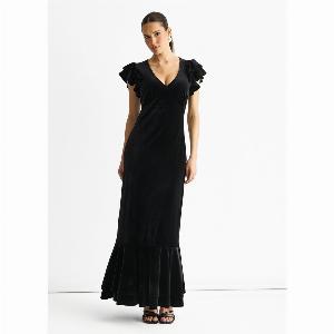 Black V Neck Ruffle Sleeves Velvet Occasion Maxi Dress
