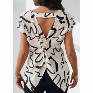 ROTITA Twist Geometric Print Beige Round Neck Short Sleeve Blouse
