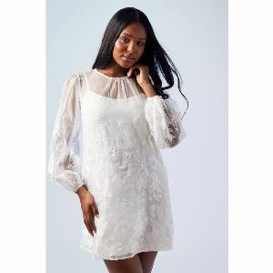 Embroidered Organza Mini Wedding Dress  Ivory