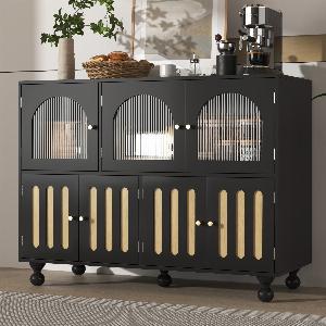 Küchenschrank Sideboard mit KlaviertastenDesign Runde Säulenbeine strukturiertem Glas leicht zu reinigen bis zu 60 kg 1204090 cm Schwarz
