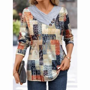 Patchwork Geometric Print Light Grey Asymmetrical Neck T Shirt
