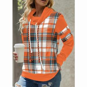 ROTITA Patchwork Plaid Orange Cowl Neck Long Sleeve Sweatshirt
