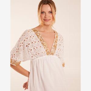 Broderie Anglaise VNeck Short Sleeve Embellishment Detailing Dress  SM  IVORY