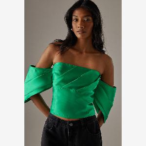 Warehouse Womens Structured Pleat Detail Bardot Top in Bright Green Size 12