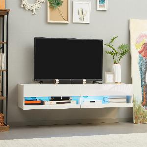 HOMCOM Wall Mounted TV Unit Cabinet for TVs up to 65 with LED Lights 150 x 40 x 30cm High Gloss White   Aosom UK