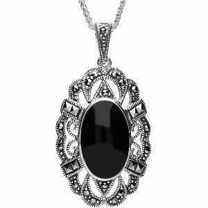Sterling Silver Whitby Jet Marcasite Oval Lace Edge Necklace Option1 Value Silver