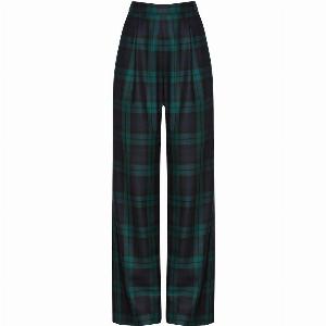 Wide Leg Trousers in Black Watch Worsted Tartan  Portia