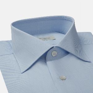 Camicia quadri piccoli azzurro cotone tessuto con armatura a tela collo stile collo semifrancese polso da gemelli