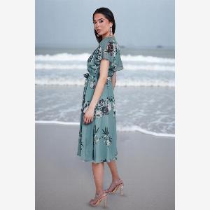 Goddiva Floral Printed Flutter Sleeve Chiffon Midi Dress  Airforce Blue