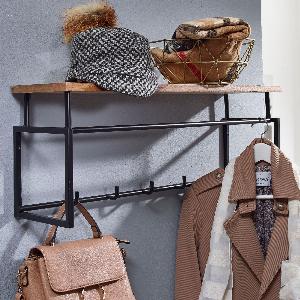 FineBuy Wandgarderobe Mango Massivholz 70 cm mit Ablage  Industrial Garderobenpaneel mit Hutablage  Wand Garderobenleiste Hakenleiste  5 Metall Kleiderhaken  Kleiderstange