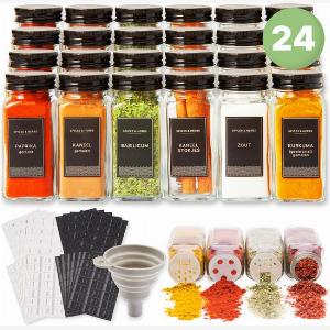 Sold 24 Glasgewürzdosen quadratisch mit Deckel schwarz Gewürzstreuer Komplettset mit Streudeckeln vorgedruckten Aufklebern und Trichter Fassungsvermögen 120 ml 105 x 43 cm