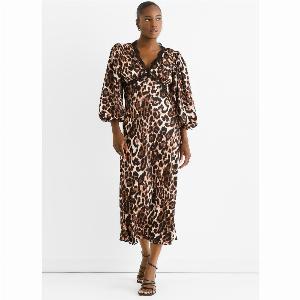 Brown Animal Lace Trim Satin Bias Midi Dress