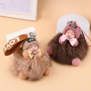 Porteclés bébé endormi mignon peluche poupée porteclés femmes filles sacs pendentif voitures porteclés sac à dos décoration cadeau rose foncé