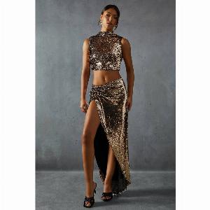Womens Sequin Top  Split Leg Maxi Skirt Co Ord  gold  14 Gold