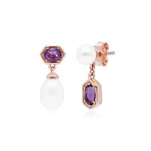 Modern Pearl  Amethyst Mismatched Drop Earrings in Rose Gold Plated Silver