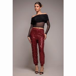 Get 30 Discount on Goddivas Wine Sequin Cuffed Ankle Trousers