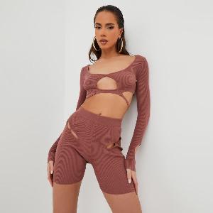 Long Sleeve Cut Out Tie Back Detail Crop Top In Mocha Ribbed Knit Womens Size UK 6