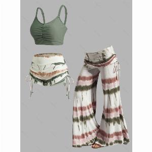 Wide Leg Printed TieDye Pleated Swimsuit with Laces