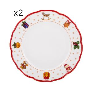 Set 2 piatti piani natalizi porcellana bordo rosso