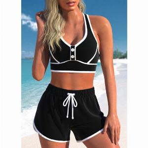ROTITA Plus Size Black High Waisted Criss Cross Bikini Set
