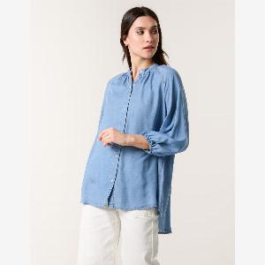 Button Front Denim Blouse  ML  MID DENIM