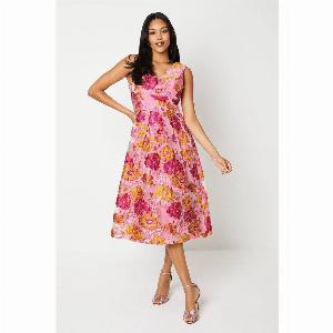V Neck Jacquard Floral Midi Dress  Pink