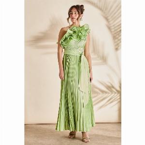 Ruffle One Shoulder Pleated Skirt Maxi Dress  Green