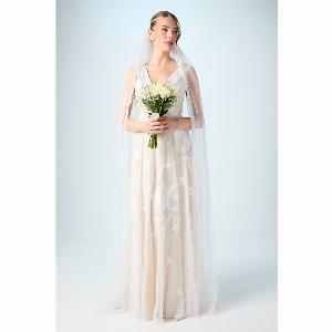 Embroidered V Neck Wedding Dress With Contrast Lining  Ivory