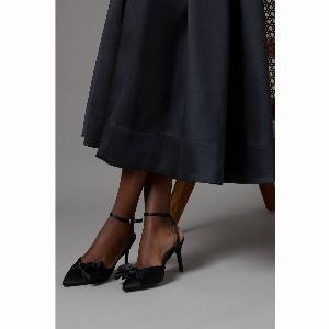 Tasha Satin Ruffled Bow Pointed Stiletto Court Shoes  Black