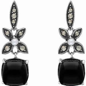 Sterling Silver Whitby Jet Pearl Marcasite Flower Drop Earrings