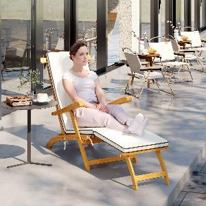 Outsunny Chaise longue pliante bain de soleil avec coussin en bois dacacia reposepieds 160 kg 155 x 54 x 86 cm blanc