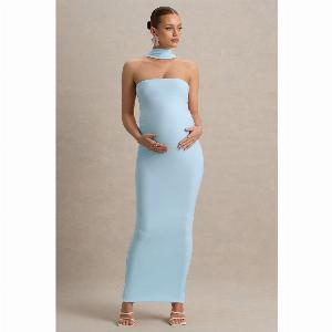 Glaze Powder Blue HighNeck Maternity Maxi Dress